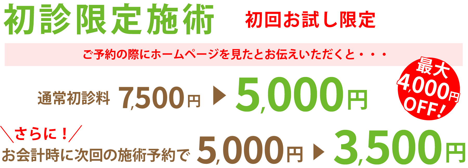 初診限定施術　初回お試し限定 ご予約の際にホームページを見たとお伝えいただくと・・・通常初診料7,000円が5,000円　さらに！お会計時に次回の施術予約で5,000円が3.500円　最大4,000円OFF！