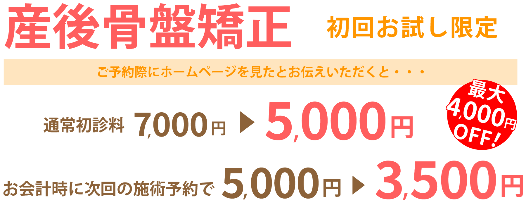 産後骨盤矯正　初回お試し限定 ご予約の際にホームページを見たとお伝えいただくと・・・通常初診料7,000円が5,000円　さらに！お会計時に次回の施術予約で5,000円が3.500円　最大4,000円OFF！