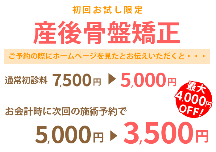 産後骨盤矯正　初回お試し限定 ご予約の際にホームページを見たとお伝えいただくと・・・通常初診料7,000円が5,000円　さらに！お会計時に次回の施術予約で5,000円が3.500円　最大4,000円OFF！